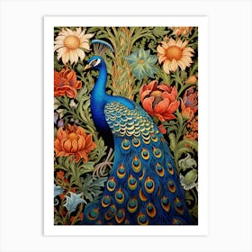 Peacock And Flowers Art Print