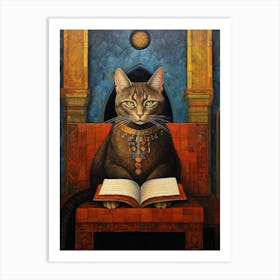 Romantesque Style Painting Of A Cat Reading A Book Art Print
