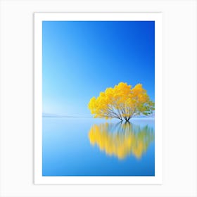 A Yellow And Pink And Green Ginkgo Trees , With A Clear Blue Sky And Lake Reflection, In A Minimalist Style Affiche