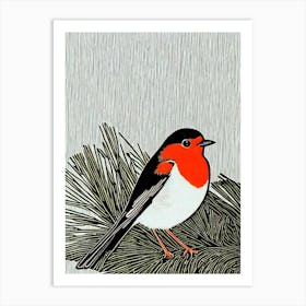 European Robin 2 Linocut Bird Art Print