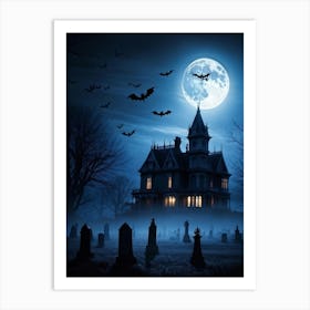 Frightened Souls Hovering Over A Victorian Mansion On A Dark Halloween Night Silhouetted Against A (5) Art Print