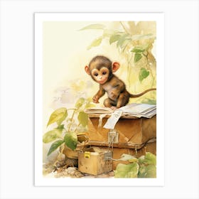 Monkey Painting Collecting Stamps Watercolour 3 Art Print