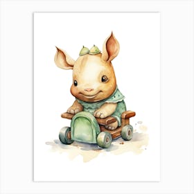 Baby Rhino On A Toy Car, Watercolour Nursery 3 Art Print