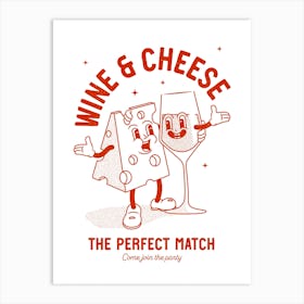 Wine And Cheese print in retro red Art Print