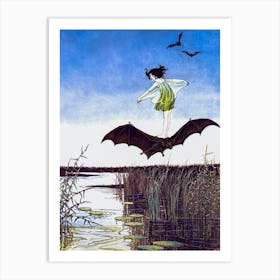 The Witch's sister on Her Black Bat - Ida Rentoul Outhwaite 1921 - Fairy Bat Girl - Witchy Fairytale Witchcore Cottagecore Fairycore Spooky Remastered Art Deco Vintage Illustration Australian Art Print