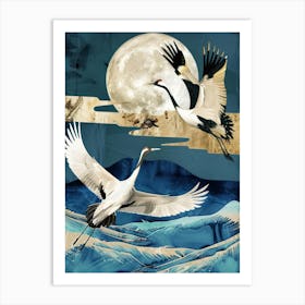Cranes Flying Gold Blue Effect Collage 4 Art Print