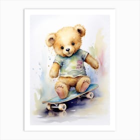Skateboarding Teddy Bear Painting Watercolour 3 Art Print