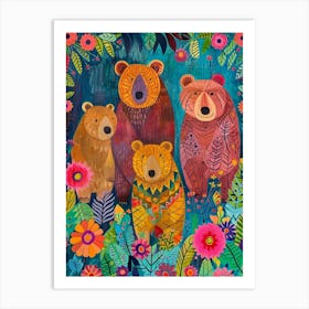 Colourful Floral Bear Family Art Print