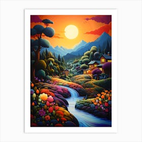 "Valley's Fiery Serenity: Sunset's Golden Embrace" Art Print