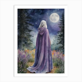 Wise Woman and the Moon - The Crone Years Witchy Goddess Fairytale Art Watercolor by Lyra the Lavender Witch - Magical Colorful Lilac Witches Cloak Wicca Spiritual Law of Attraction Grey White Haired Beautiful Old Woman - A Sage Oracle Wisdom and Knowledge Full Moon Lunar HD Art Print