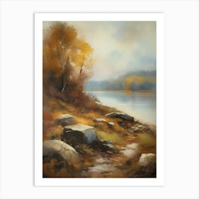 Forest Lake, Autumn Lake, Vintage Oil Painting, Farmhouse Wall Decorations, Antique Landscape, Vintage Landscape Oil Painting.8 Art Print