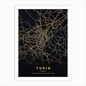 Turin Italy Black And Gold Map Art Print