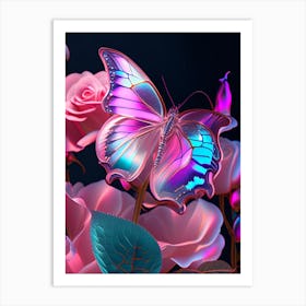 Butterfly On Rose Flower Holographic 2 Art Print