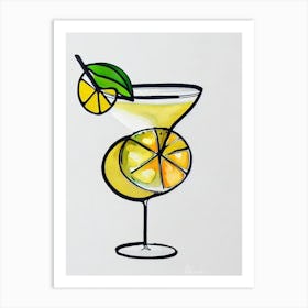 Lemon Drop MCocktail Poster artini Minimal Line Drawing With Watercolour Cocktail Poster Art Print