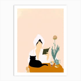 Girl On A Spa Day Reading Books With A Cat Art Print
