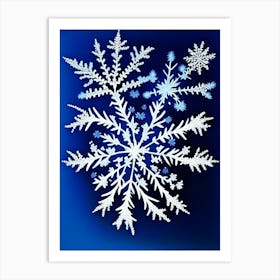 Fernlike Stellar Dendrites, Snowflakes, Blue & White Illustration Art Print