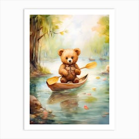 Canoeing Teddy Bear Painting Watercolour 2 Art Print