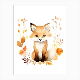 A Fox  Watercolour In Autumn Colours 3 Art Print