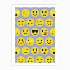 Cute Text Chat Emoji Grid on Lavender Blue Art Print