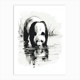 Giant Panda Drinking From A Tranquil Lake Ink Illustration 4 Art Print