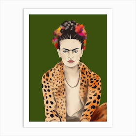 Frida Kahlo Leopard Print, Grün, Minimalistic Kreativ Art Art Print