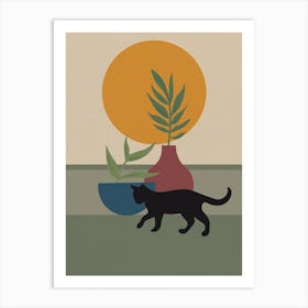 Vintage Minimal Art Cat And Plants Art Print