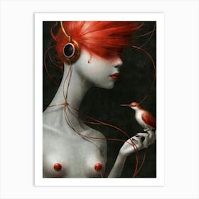 Woman With Red Hair And Headphones Art Print