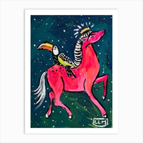 Pink Pony And Toucan In The Night Sky Painting Art Print