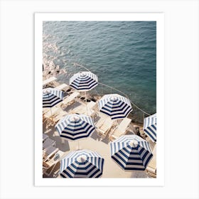 Blue And White Beach Umbrellas View Summer Vintage Photography Art Print