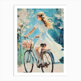 A Girl In A White Dress Rides A Bicycle 1 Art Print