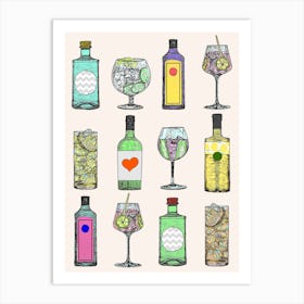 Gin Bottles Pink Background Poster