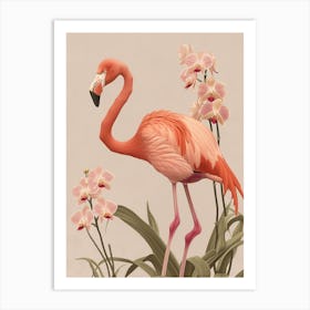 American Flamingo And Orchids Minimalist Illustration 2 Art Print