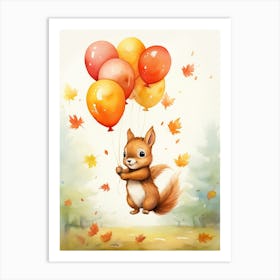 Squirrel Flying With Autumn Fall Pumpkins And Balloons Watercolour Nursery 3 Art Print