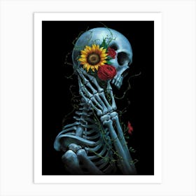 Skeleton With Sunflowers Art Print