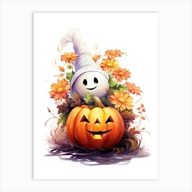 Cute Ghost With Pumpkins Halloween Watercolour 9 Art Print