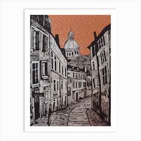 Montmartre Paris France Linocut Illustration Style 1 Art Print