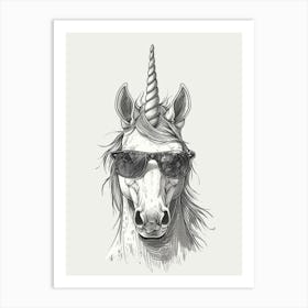 Unicorn In Sunglasses Black & White Illustration 1 Art Print