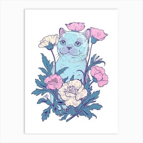 Cute Scottinsh Fold Cat With Flowers Illustration 4 Art Print