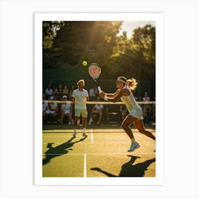 Tennis Match Captured In Natural Light Dynamic Action Shot Players Poised Mid Strike Sun Casting Art Print