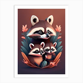 Mother With Baby Raccoons And Leaves Art Print