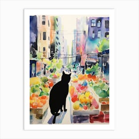 Food Market With Cats In New York 3 Watercolour Art Print