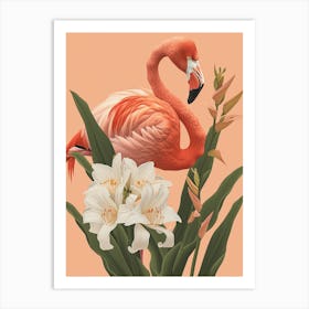 American Flamingo And Canna Lily Minimalist Illustration 2 Art Print
