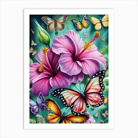 Butterflies And Hibiscus Art Print