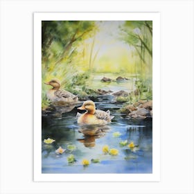 Ducklings Swimming In The River Mixed Media 2 Art Print