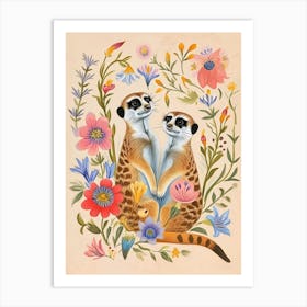 Folksy Floral Animal Drawing Meerkat Art Print