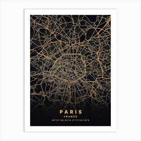 Paris France Black And Gold Map Art Print