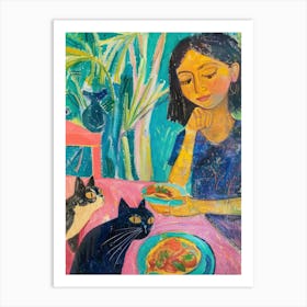 Portrait Of A Girl With Cats Eating A Fruit Salad 1 Art Print