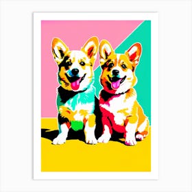 'Corgi Pups', This Contemporary art brings POP Art and Flat Vector Art Together, Colorful Art, Animal Art, Home Decor, Kids Room Decor, Puppy Bank - 68th Art Print