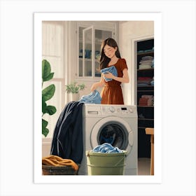 Illustration Of A Woman Washing Clothes Art Print