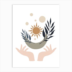 Sun And Leaves In Hands Art Print